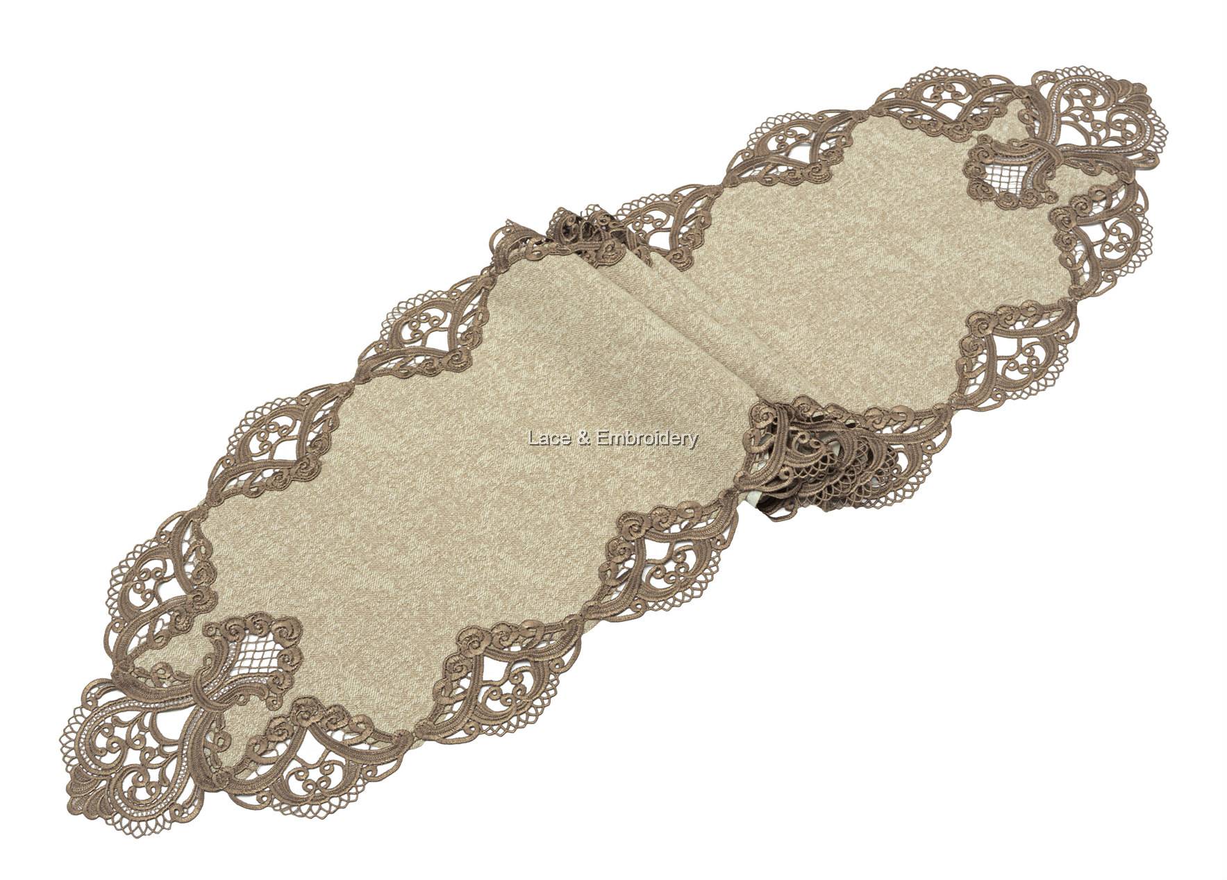Guipure Lace Floral Poly Velvet Mix Oval Table Runner Dresser Scarf Multi Size Champagne
