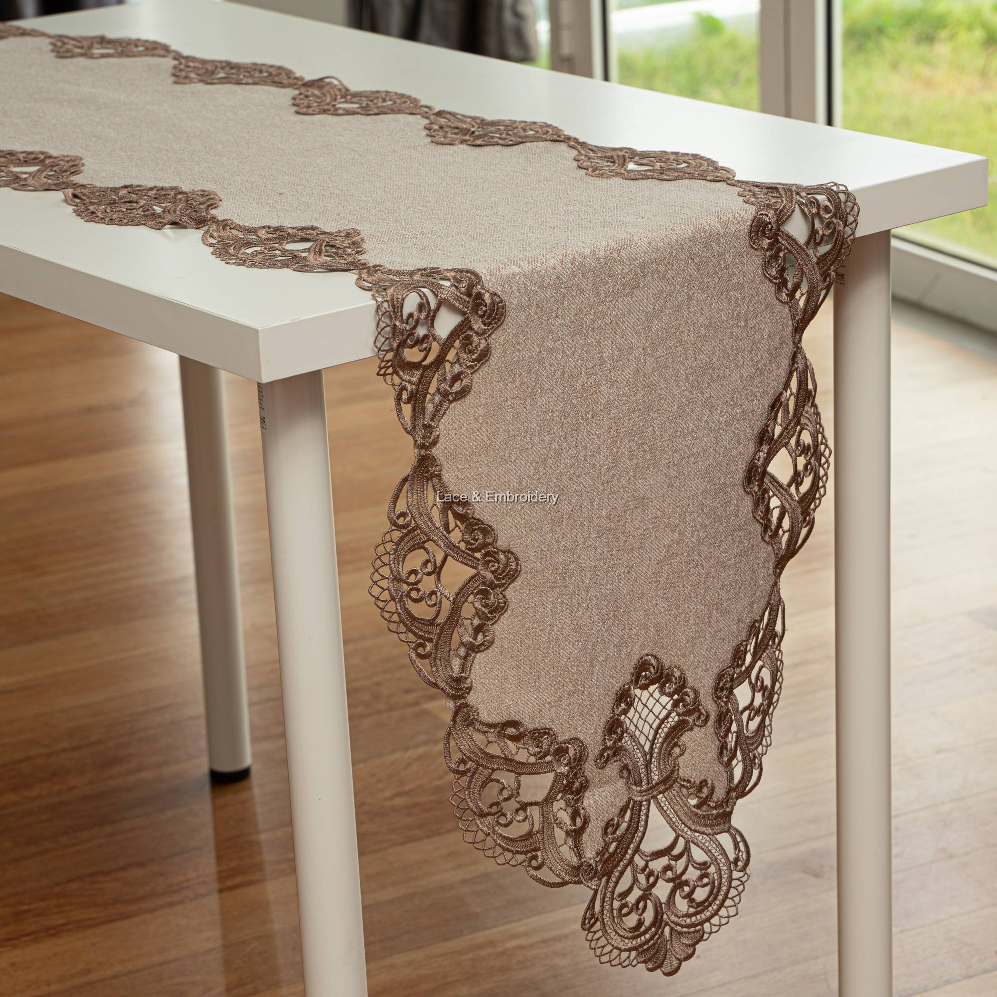 Guipure Lace Floral Poly Velvet Mix Oval Table Runner Dresser Scarf Multi Size Champagne