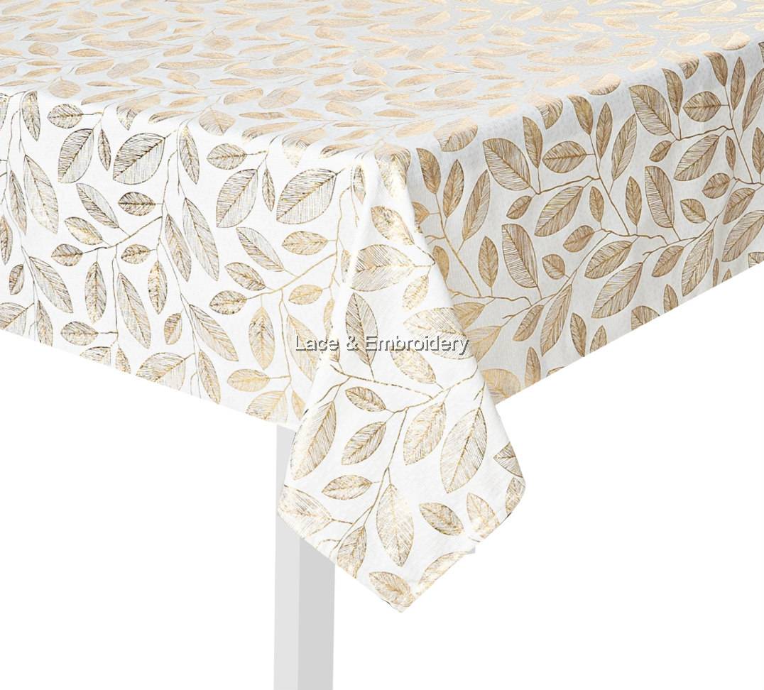 Gold Leaf Foil Printed Tablecloth. Easy Care Polyester. MultiSize