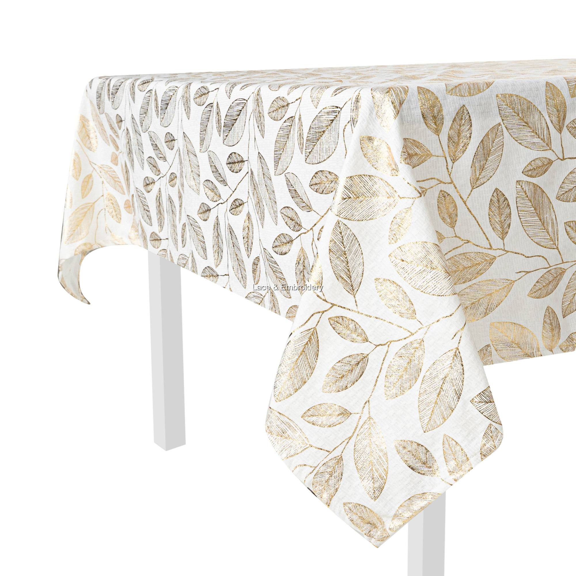 Gold Leaf Foil Printed Tablecloth. Easy Care Polyester. MultiSize