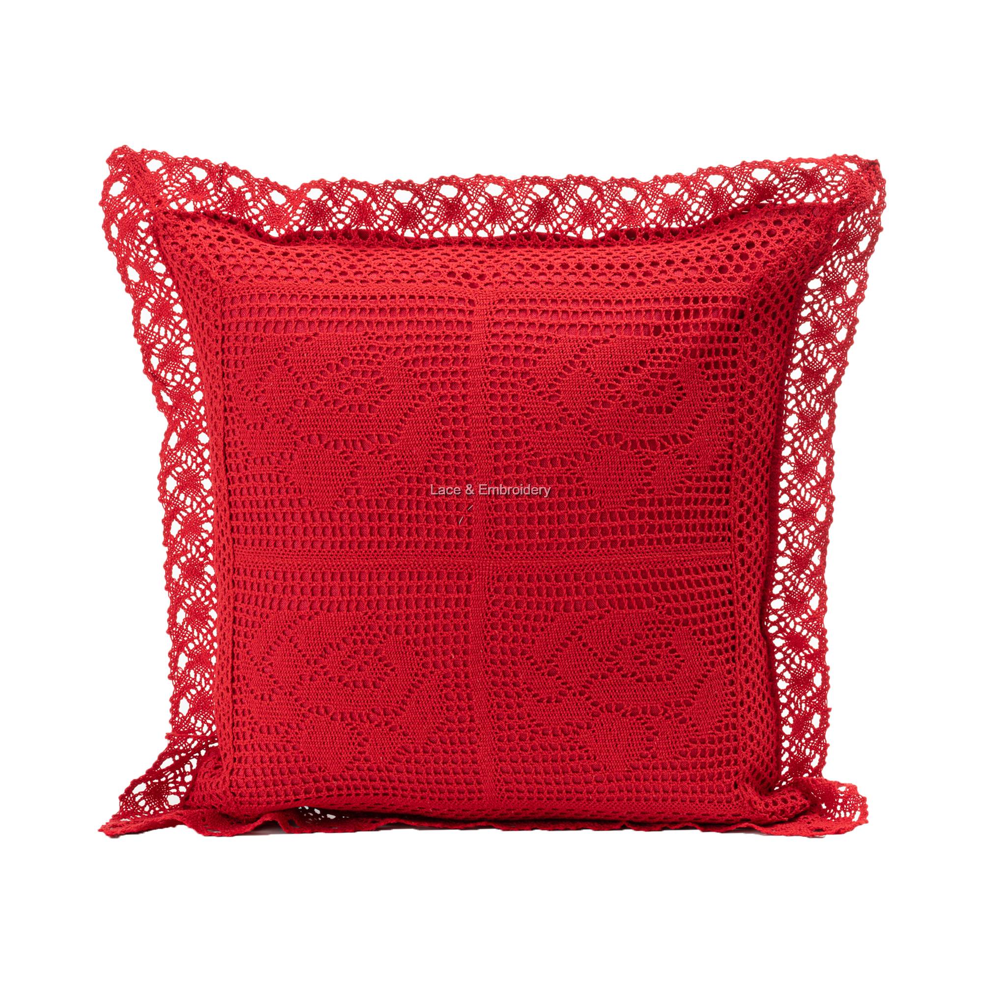 Nostalgic Red Crochet Lace Square Cushion Cover/Throw Pillow. Easy Care