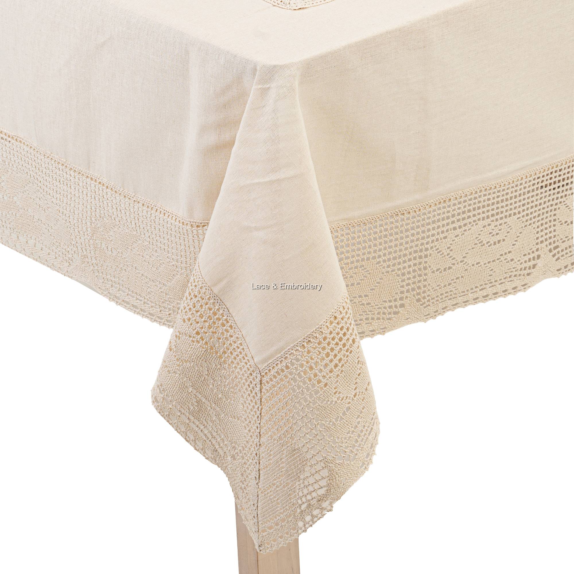 Nostalgic Ecru Tablecloth With Rose Cotton Crochet Lace At Edges And