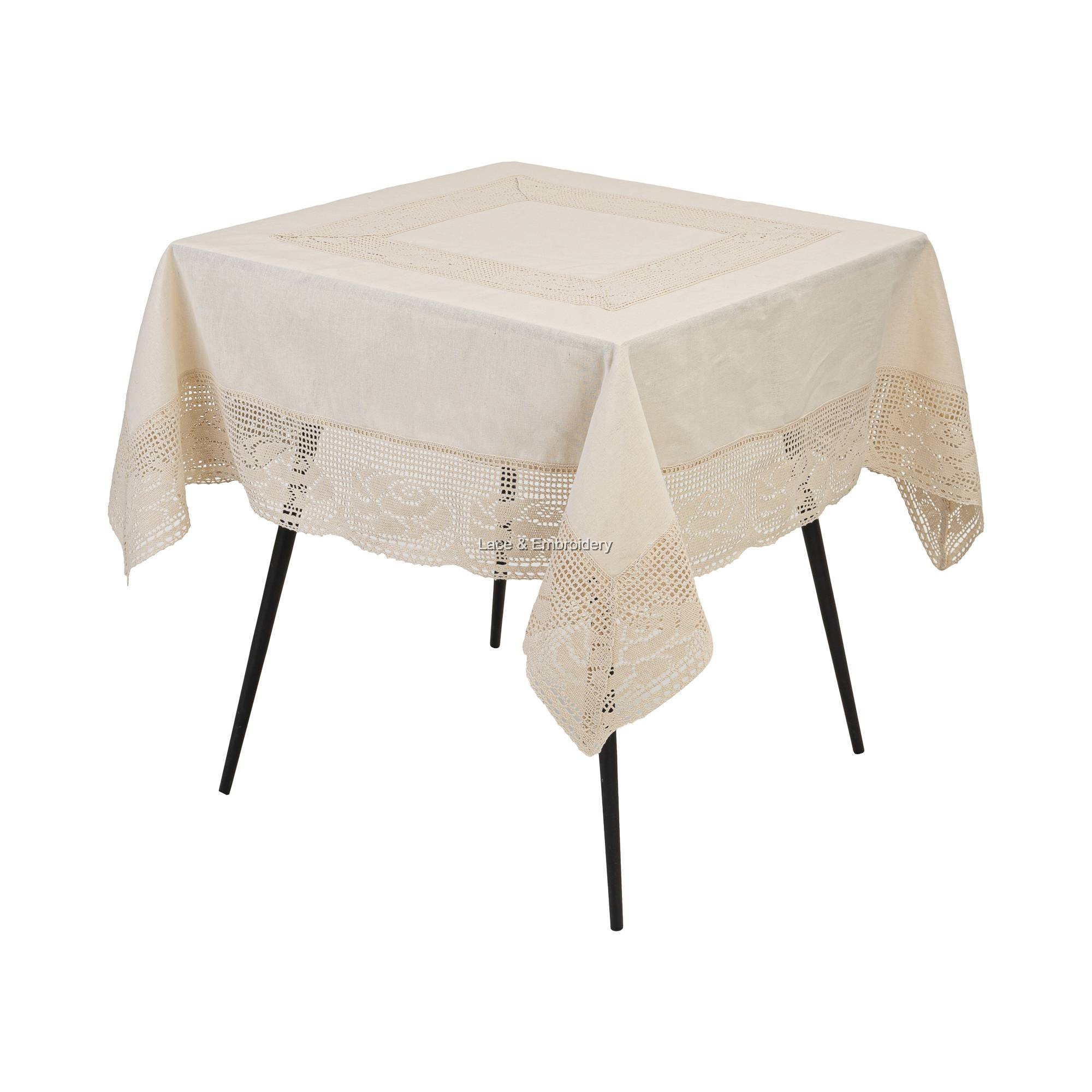 Nostalgic Ecru Tablecloth With Rose Cotton Crochet Lace At Edges And