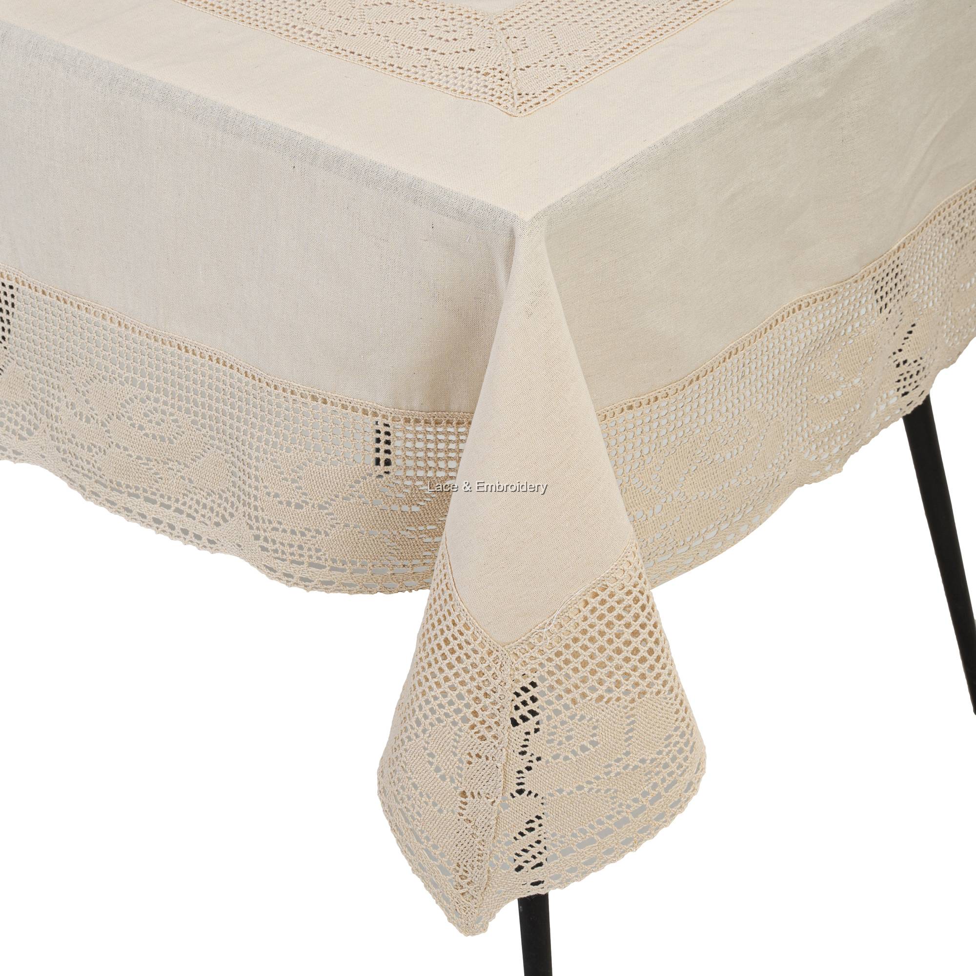 Nostalgic Ecru Tablecloth With Rose Cotton Crochet Lace At Edges And