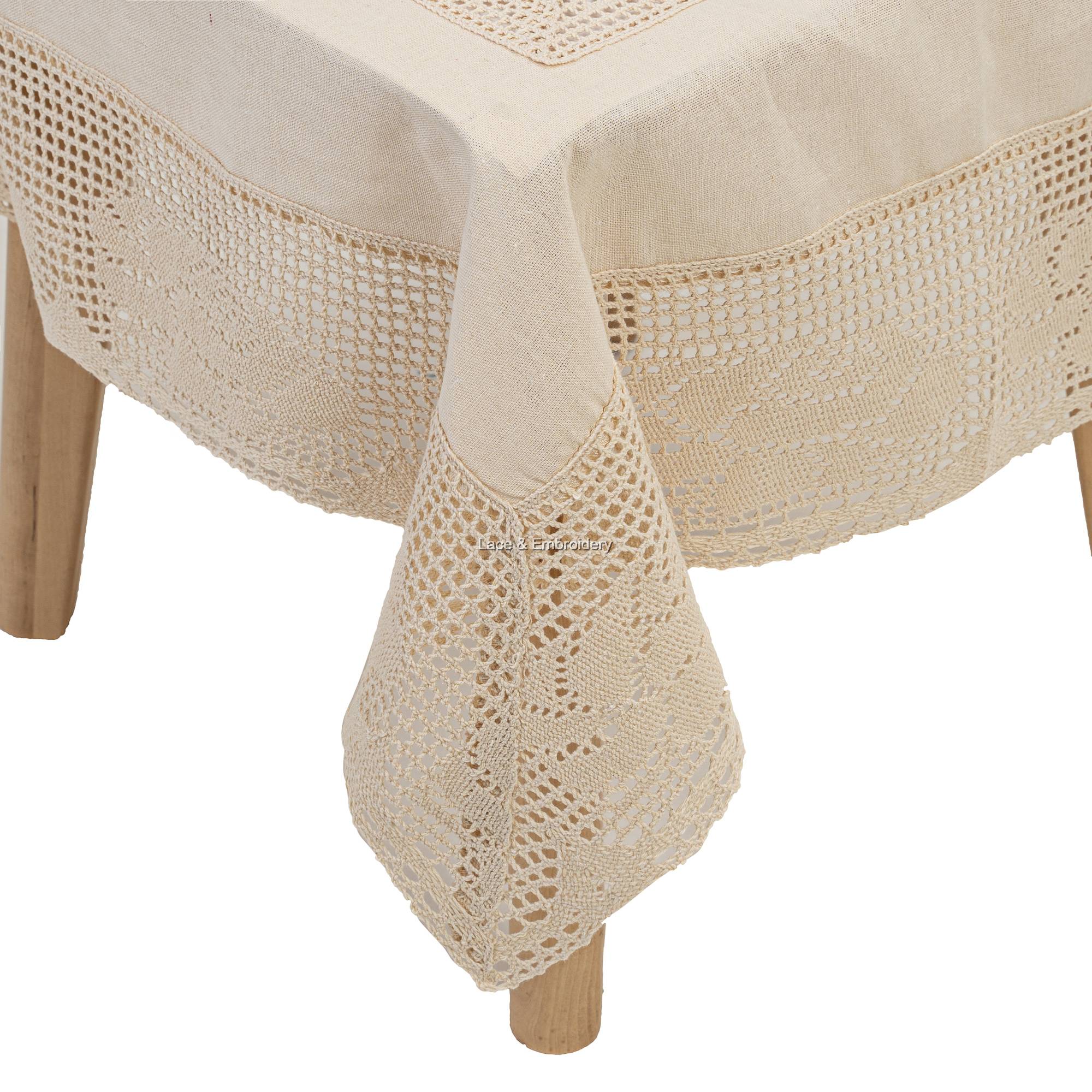 Nostalgic Ecru Tablecloth With Rose Cotton Crochet Lace At Edges And