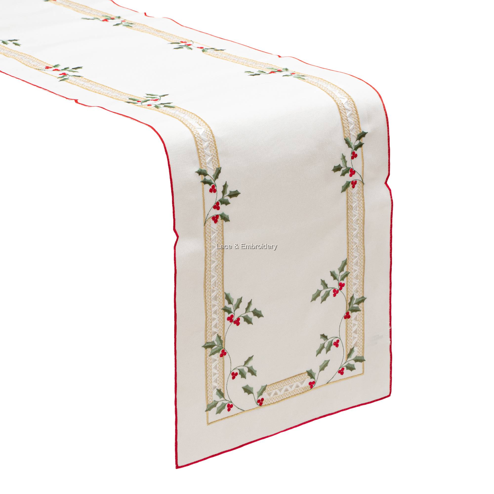 Lace & Embroidery Berry Embroidery with Gold Border on Off-White Cation  Fabric Table Runner/Dresser