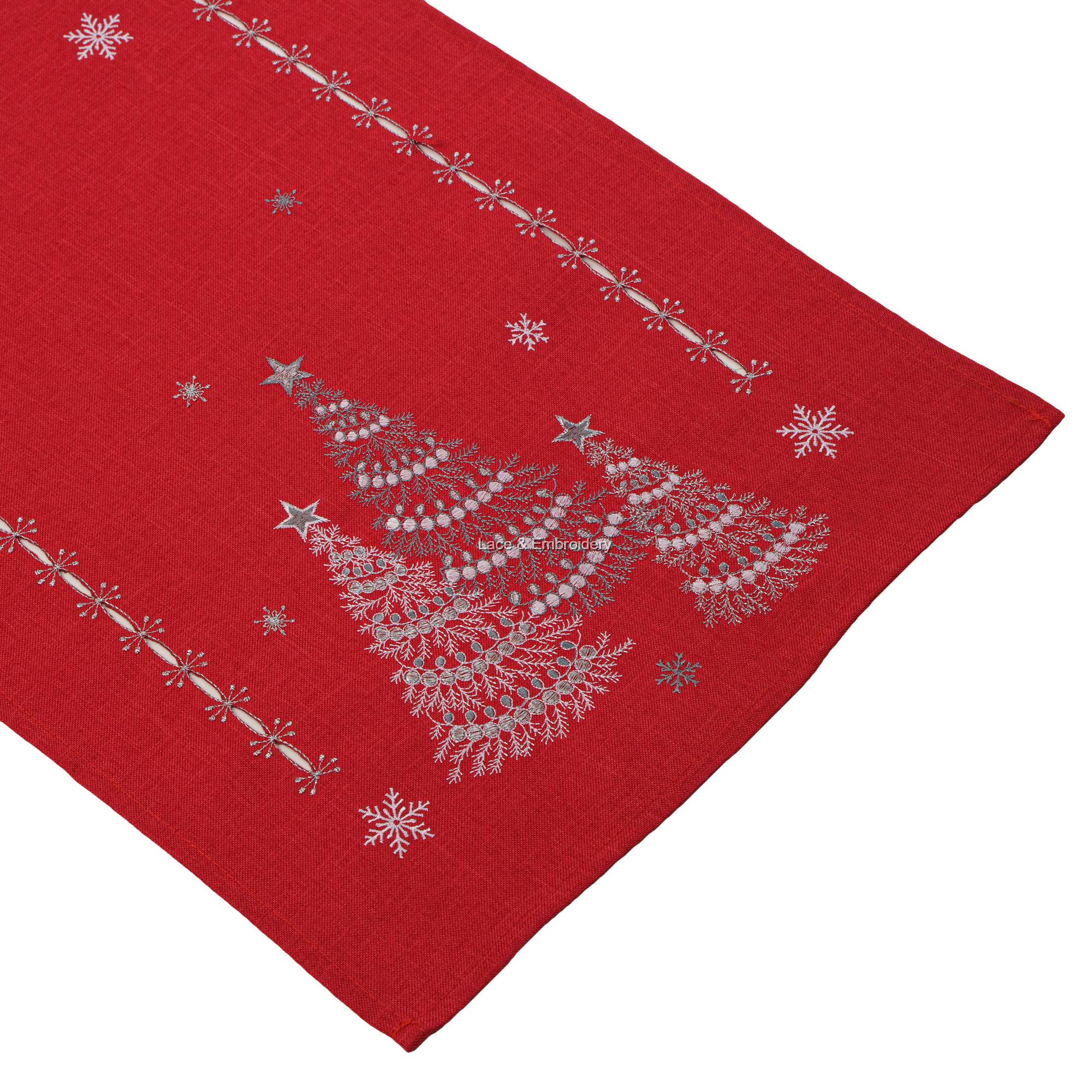 Lace & Embroidery Christmas Tree Embroidery with Silver, Grey Thread, and  Cutwork Border on Red Fabric