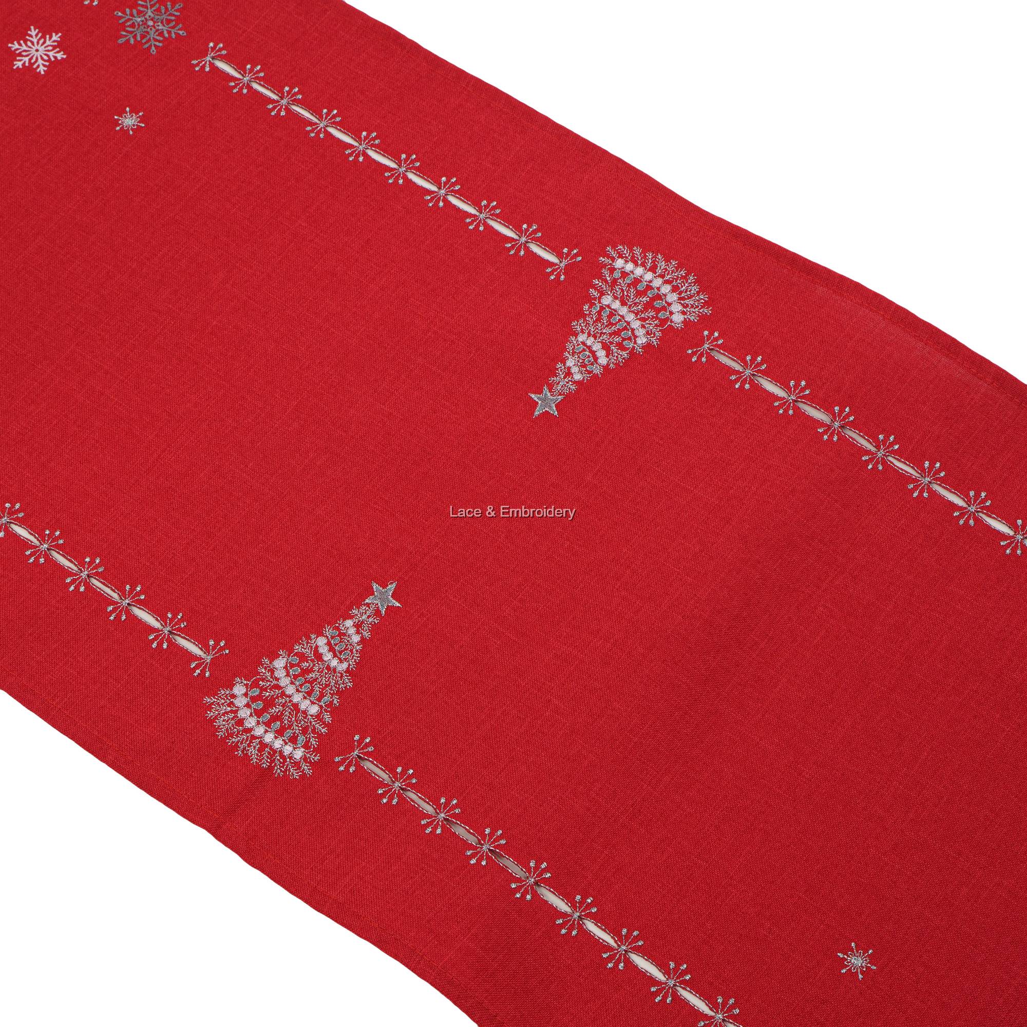 Lace & Embroidery Christmas Tree Embroidery with Silver, Grey Thread, and  Cutwork Border on Red Fabric