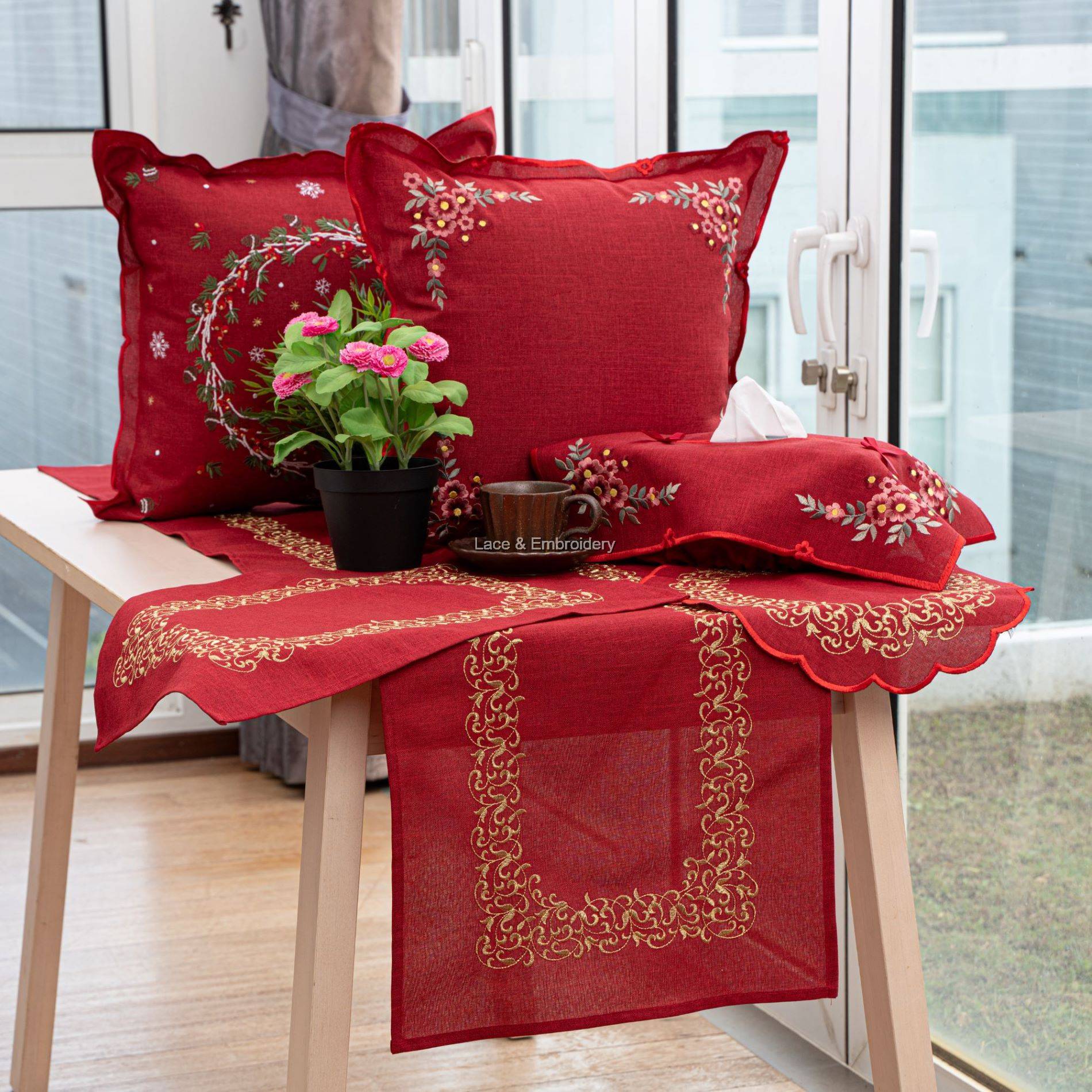 Lace & Embroidery Royal Embroidery Red Table Runner/Dresser Scarf.  Multi-size. Pelari Meja