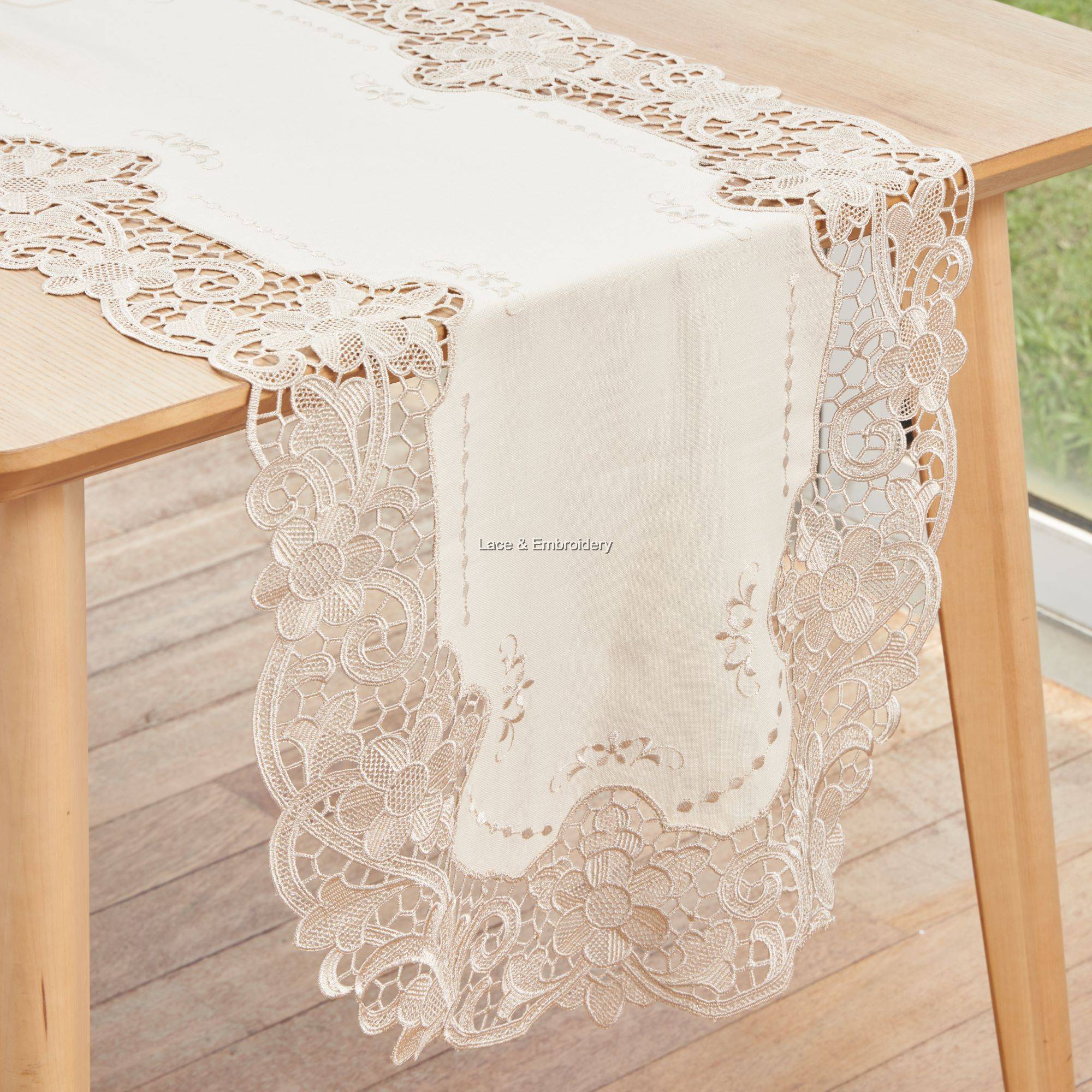 Lace & Embroidery Anglo Lace Ecru Bamboo Polylinen Oval Table Runner/Dresser Scarf. Multi-Size (Ecru) Lace & Embroidery Anglo Lace Ecru Bamboo Polylinen Oval Table Runner/Dresser Scarf. Multi-Size (Ecru)